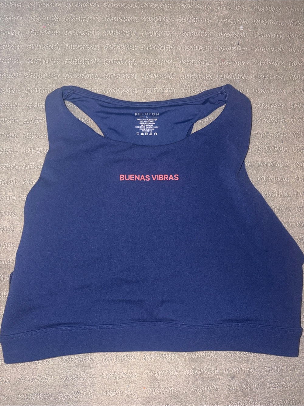 Peloton Navy Blue Crop Tank with Pink "BUENAS VIBRAS" Logo